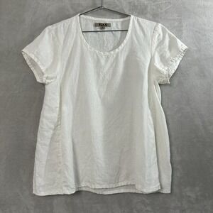 FLAX Short Sleeve Linen Top Women's Size P (4-6) White Coastal Beach Capsule